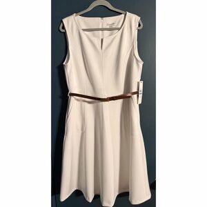Calvin Klein White Fit & Flare Dress | Size 16 | NWT | Belted | MSRP $134